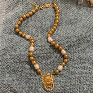 Authentic Susan Shaw Gold Beaded Lion Head Pendant Necklace with Pink Accents